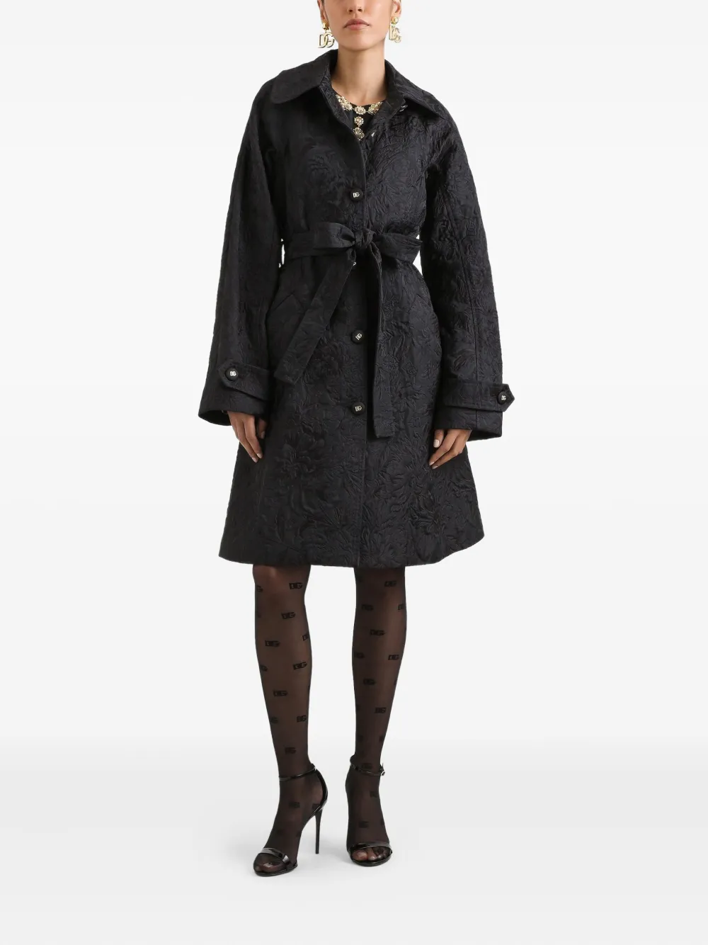 Dolce & Gabbana Trenchcoat met ceintuur en geborduurde brokaat Zwart