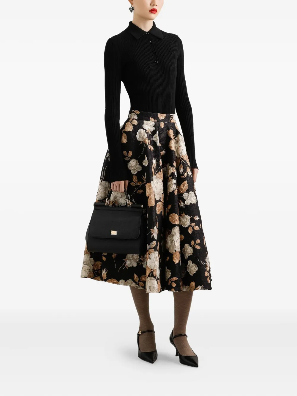 Dolce & Gabbana Midi-plooirok met roosprint - Zwart