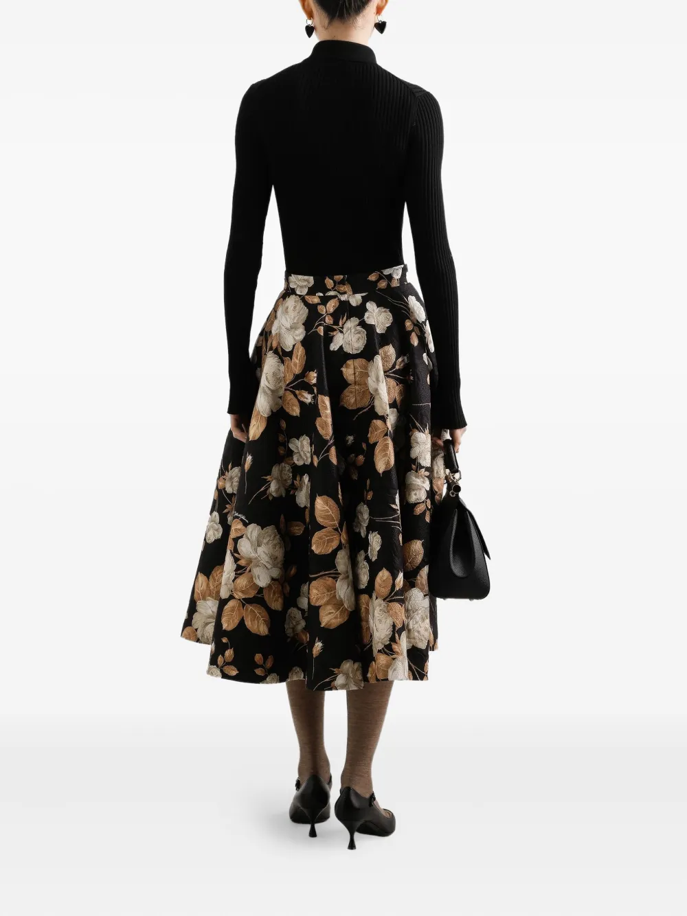 Dolce & Gabbana Midi-plooirok met roosprint Zwart