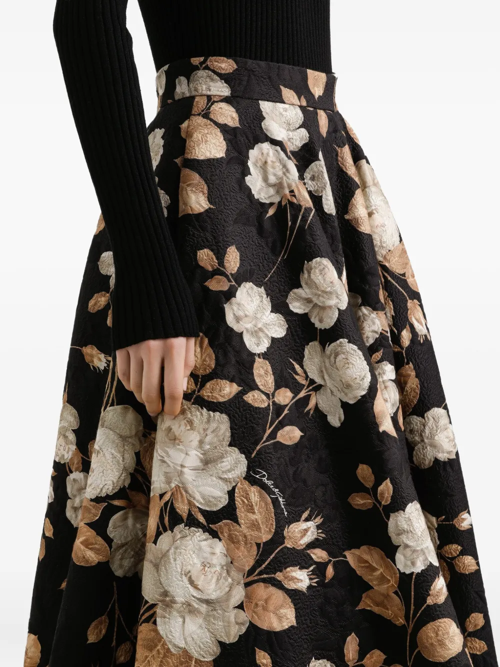 Dolce & Gabbana Midi-plooirok met roosprint Zwart