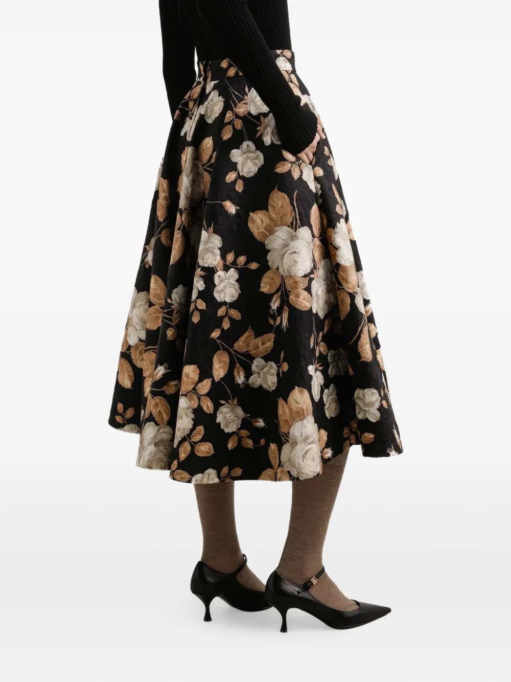 Dolce & Gabbana Midi-plooirok met roosprint Zwart