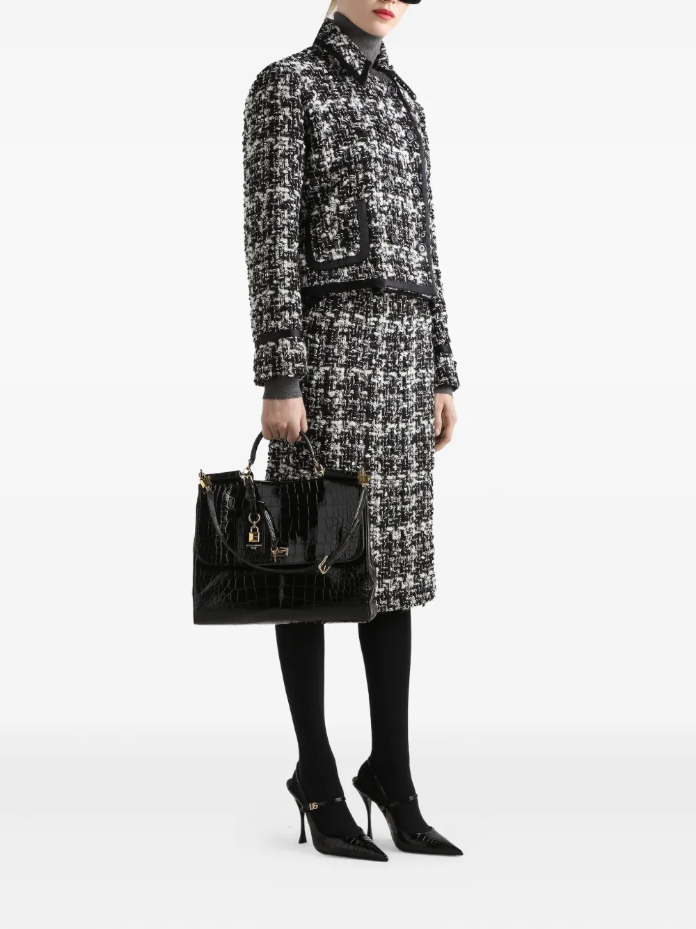 Dolce & Gabbana Wool Blend Midi Skirt With Tweed Pattern In Black