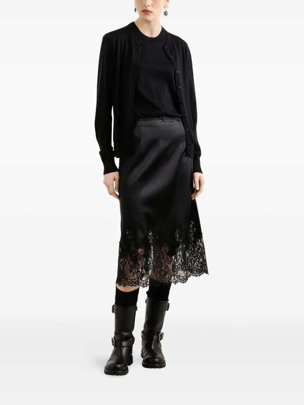 Dolce & Gabbana Lace-trimmed Satin Midi Skirt In Black