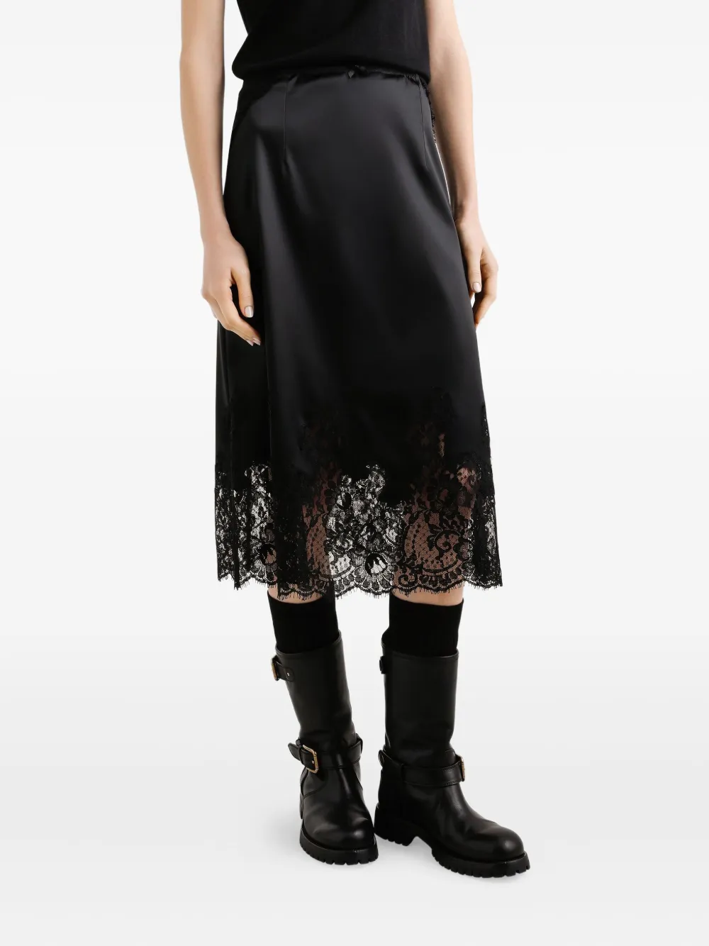 Dolce & Gabbana Lace-trimmed Satin Midi Skirt In Black