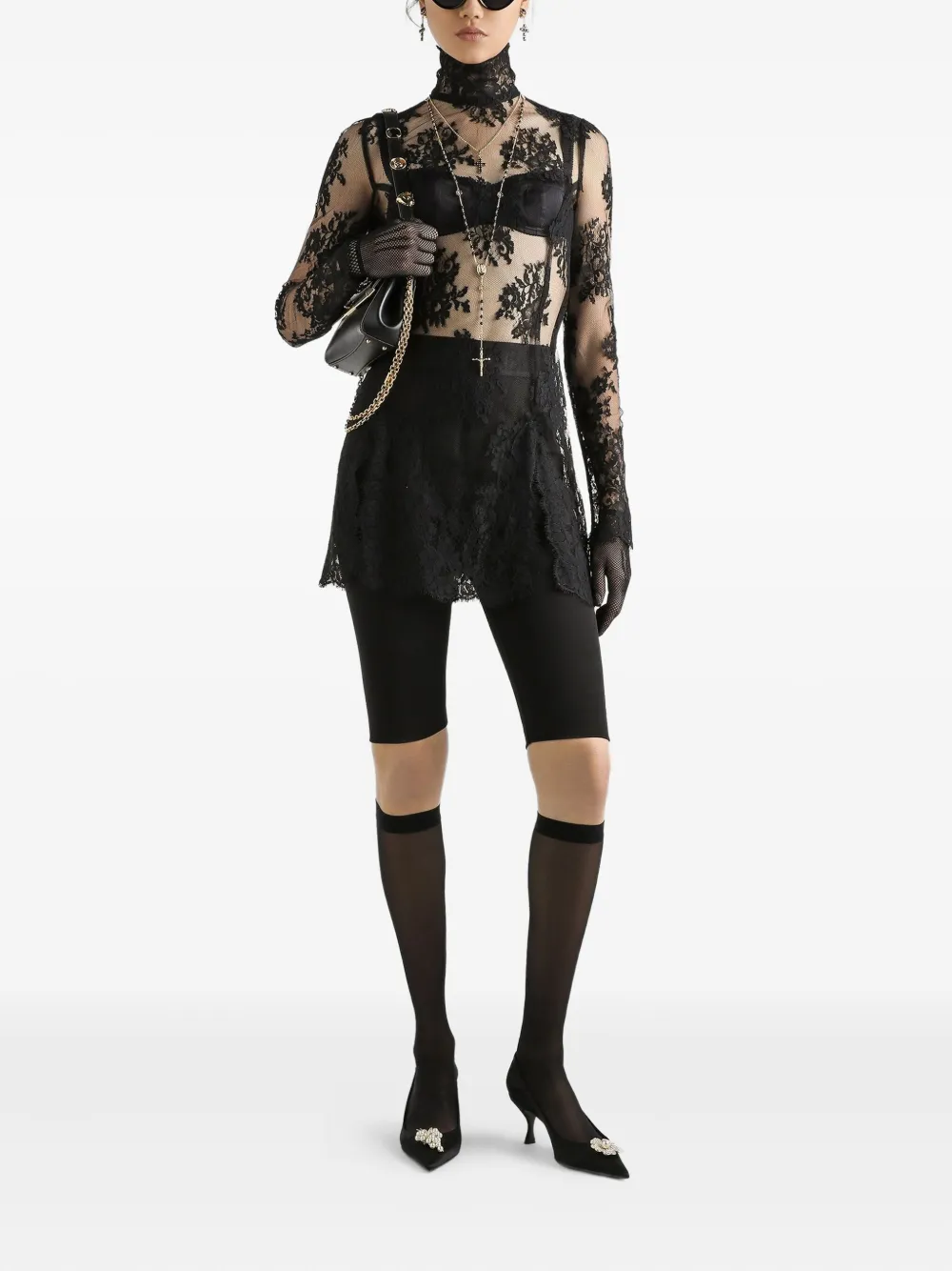 Dolce & Gabbana Lace High-neck Mini Dress In Black