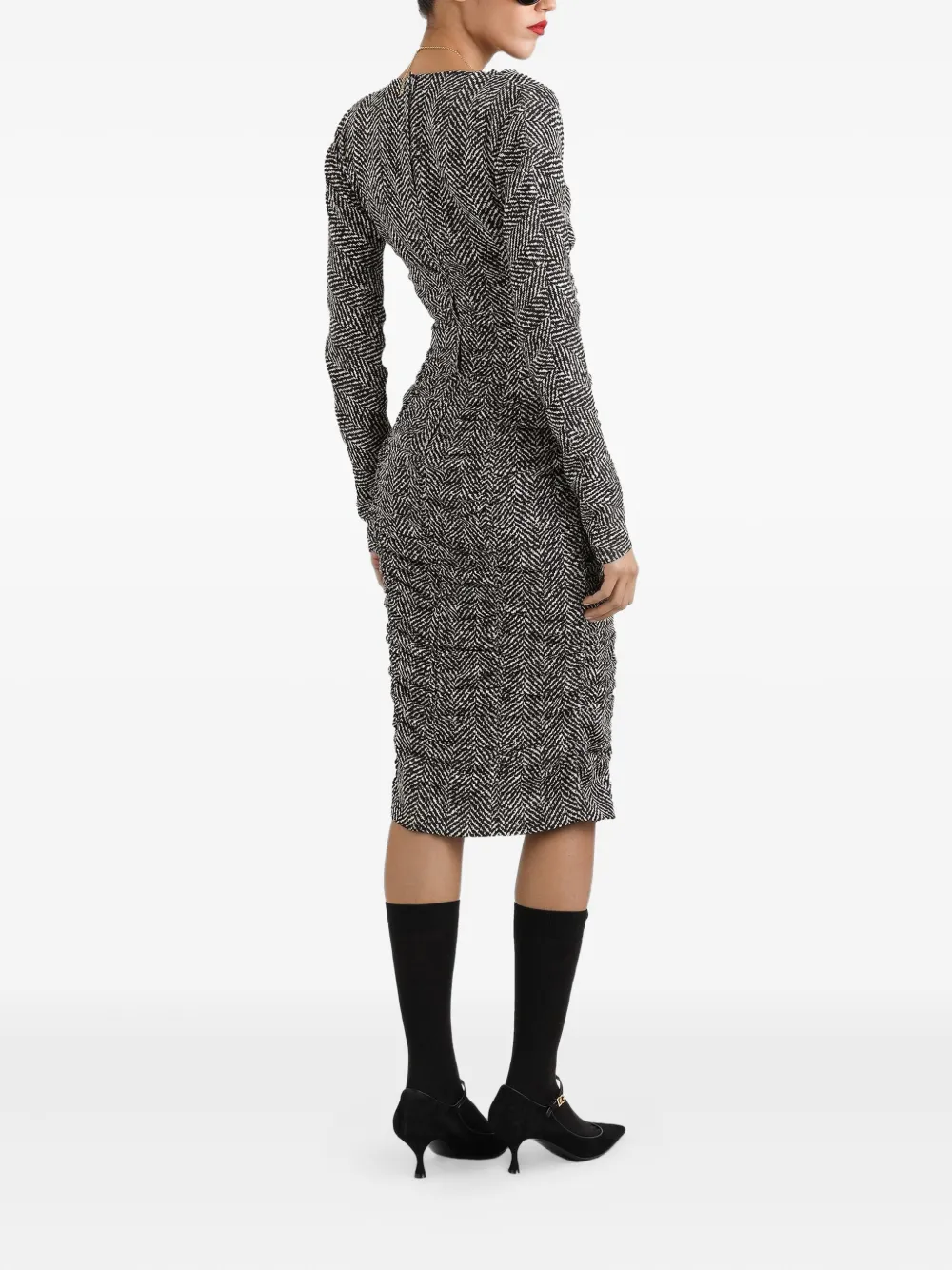 Dolce & Gabbana Gesmockte midi-jurk met chevron streep Zwart