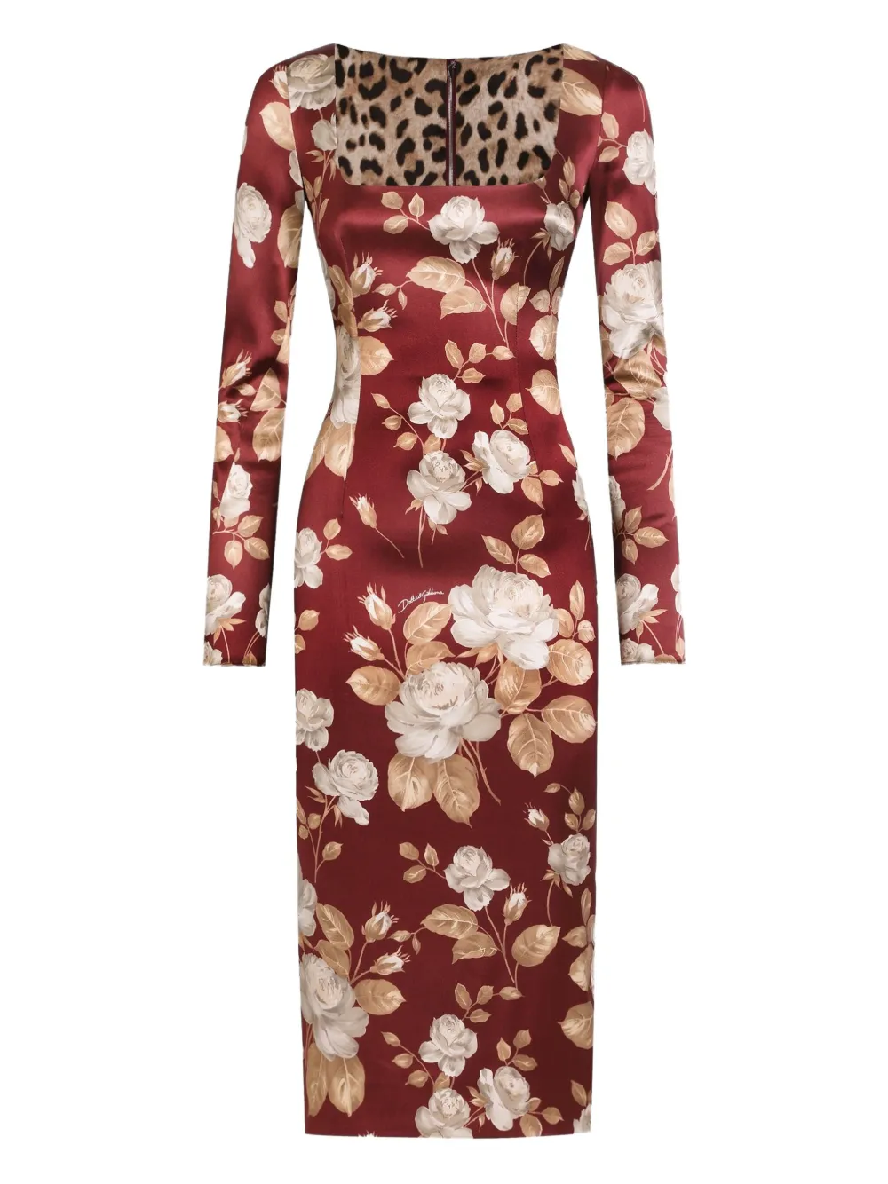 Dolce & Gabbana Rose-print Square-neck Midi Dress In Burgundy