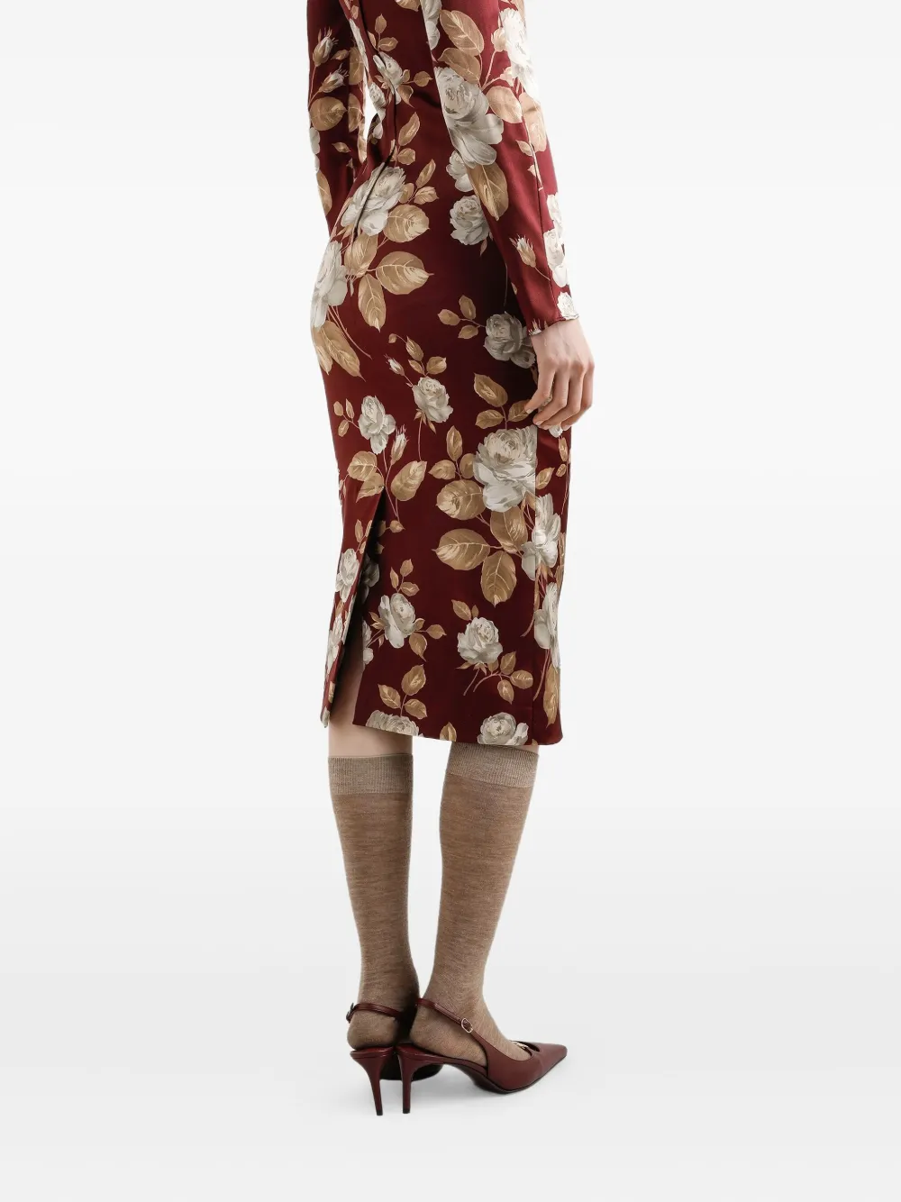 Dolce & Gabbana Midi-jurk met rozenprint en vierkante hals Bruin