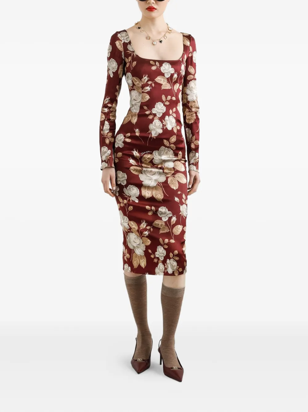 Dolce & Gabbana Midi-jurk met rozenprint en vierkante hals - Bruin