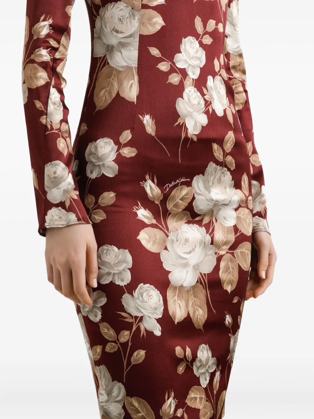 Dolce & Gabbana Midi-jurk met rozenprint en vierkante hals Bruin