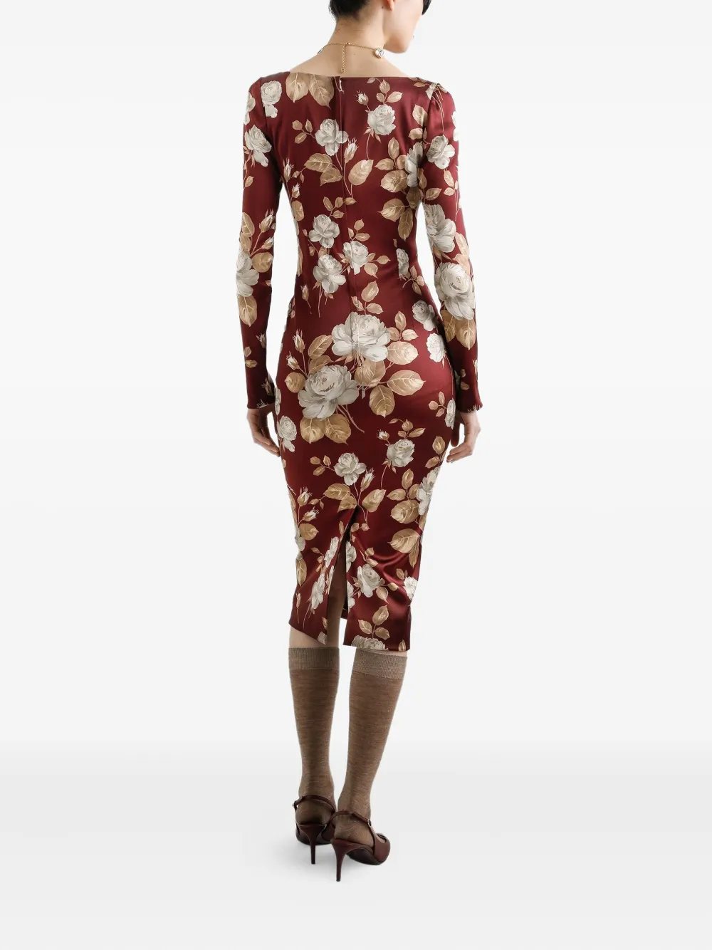 Dolce & Gabbana Midi-jurk met rozenprint en vierkante hals Bruin