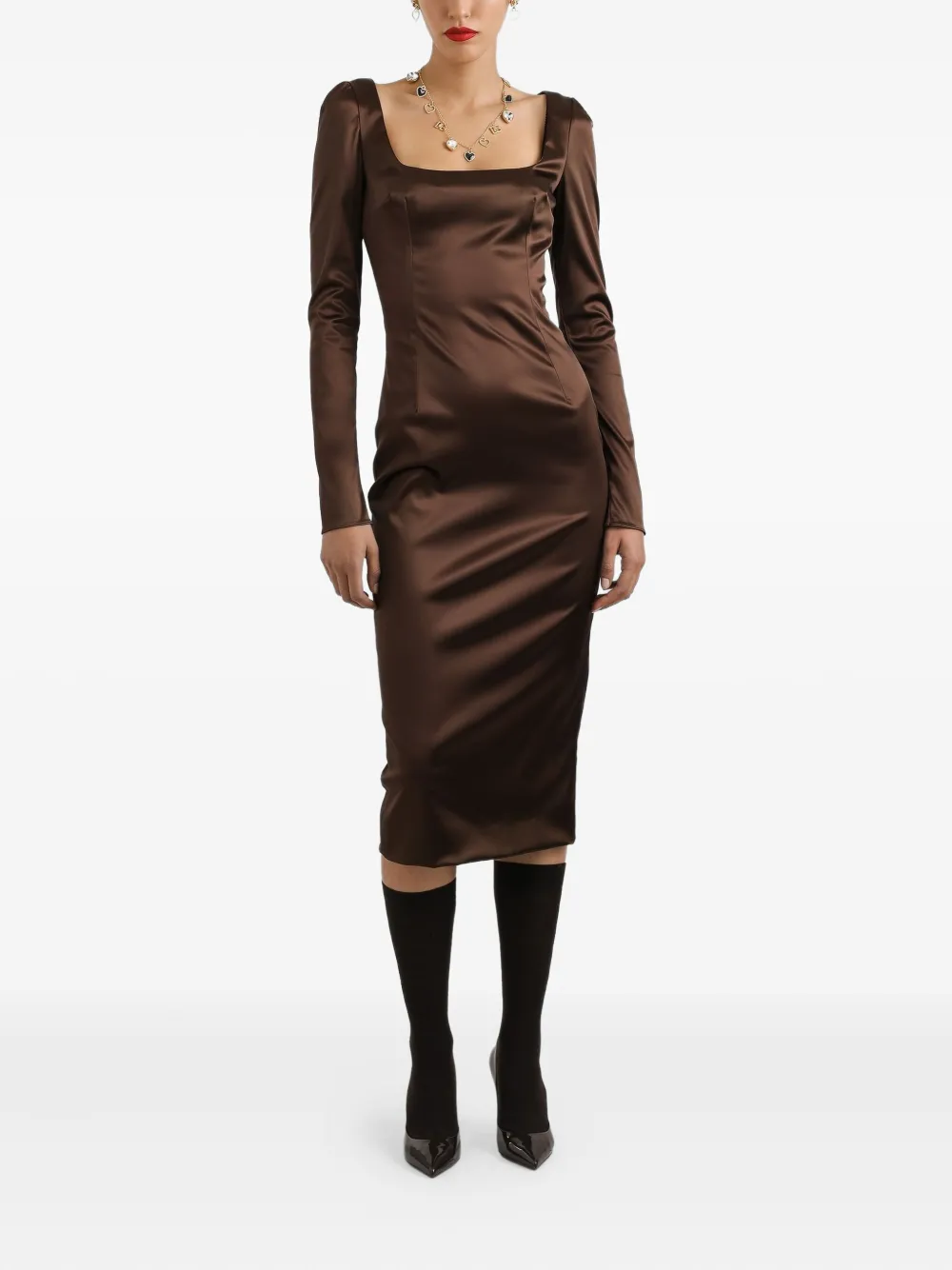 Dolce & Gabbana Midi-jurk met vierkante hals - Bruin