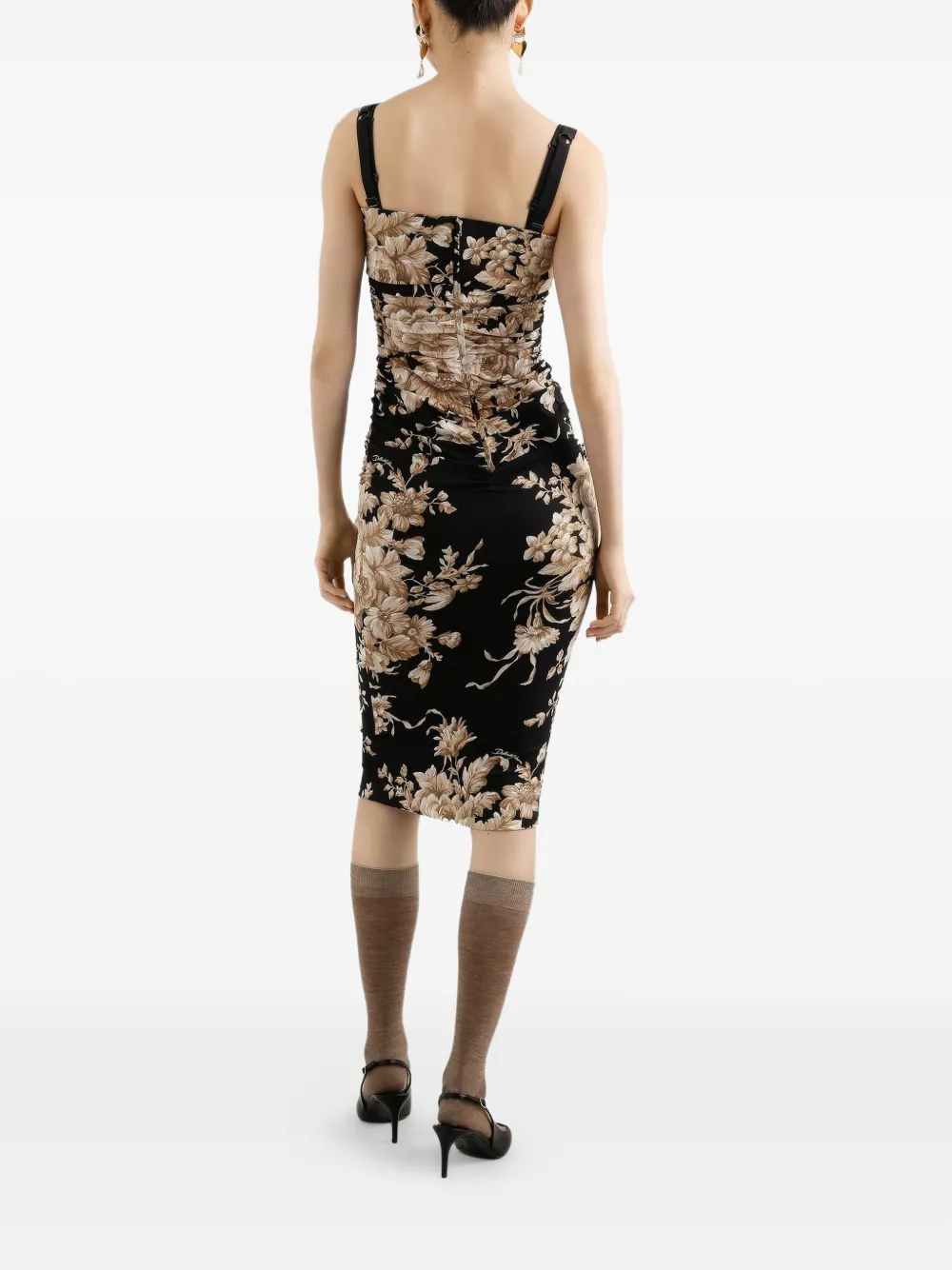 Dolce & Gabbana Floral Print Fitted Dress With Spaghetti Straps In Black