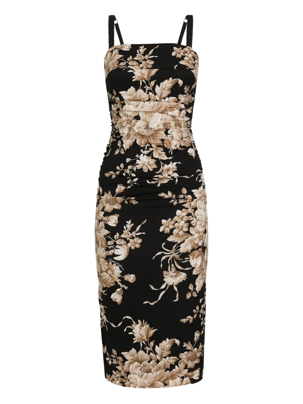 Dolce & Gabbana Floral-print Ruched Midi Dress In Black