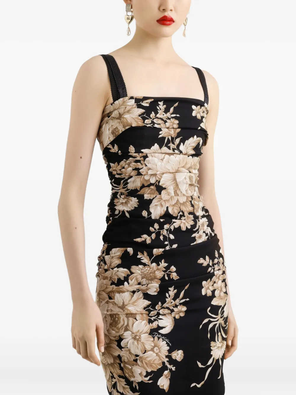 Dolce & Gabbana Floral Print Fitted Dress With Spaghetti Straps In Black