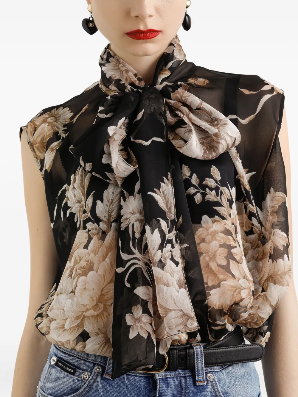 Dolce & Gabbana Rose-print Chiffon Sleeveless Top In Black