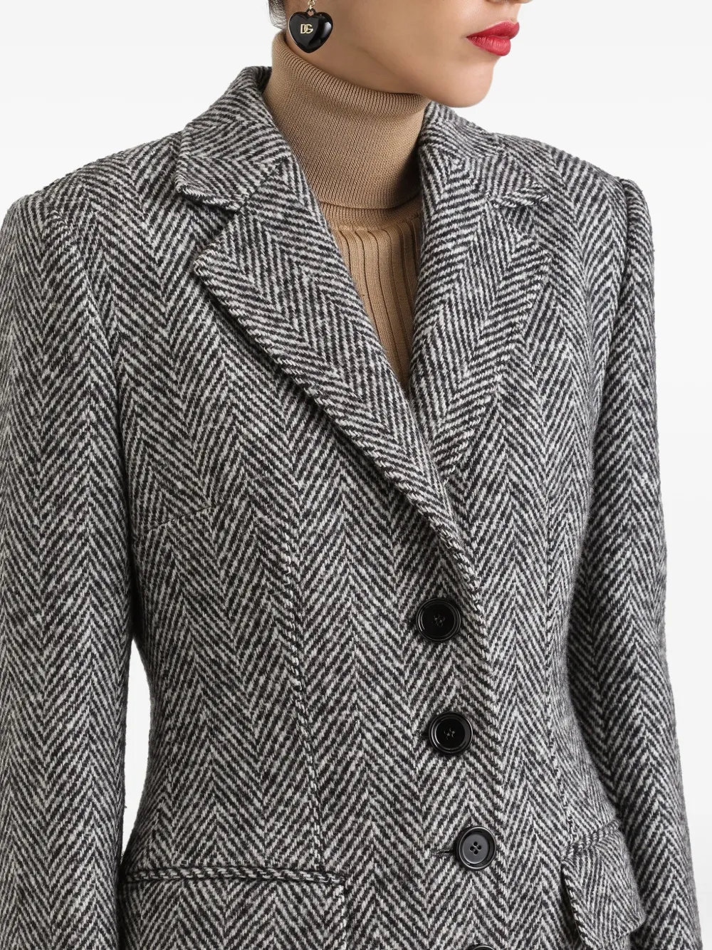 Dolce & Gabbana Herringbone Long Length Notched Lapels Coat In Gray