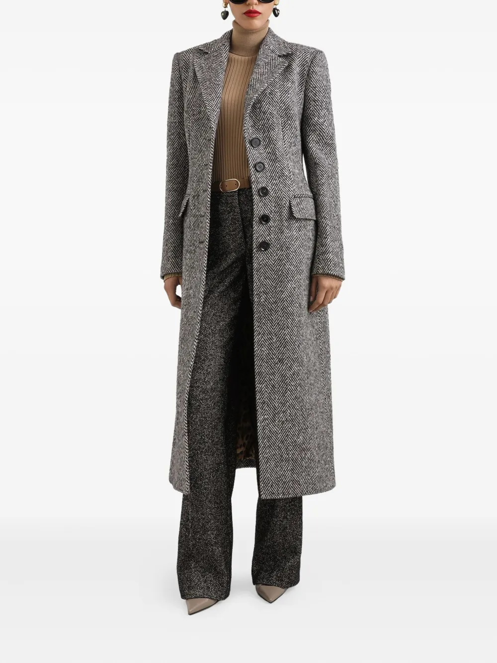 Dolce & Gabbana Herringbone Long Length Notched Lapels Coat In Gray