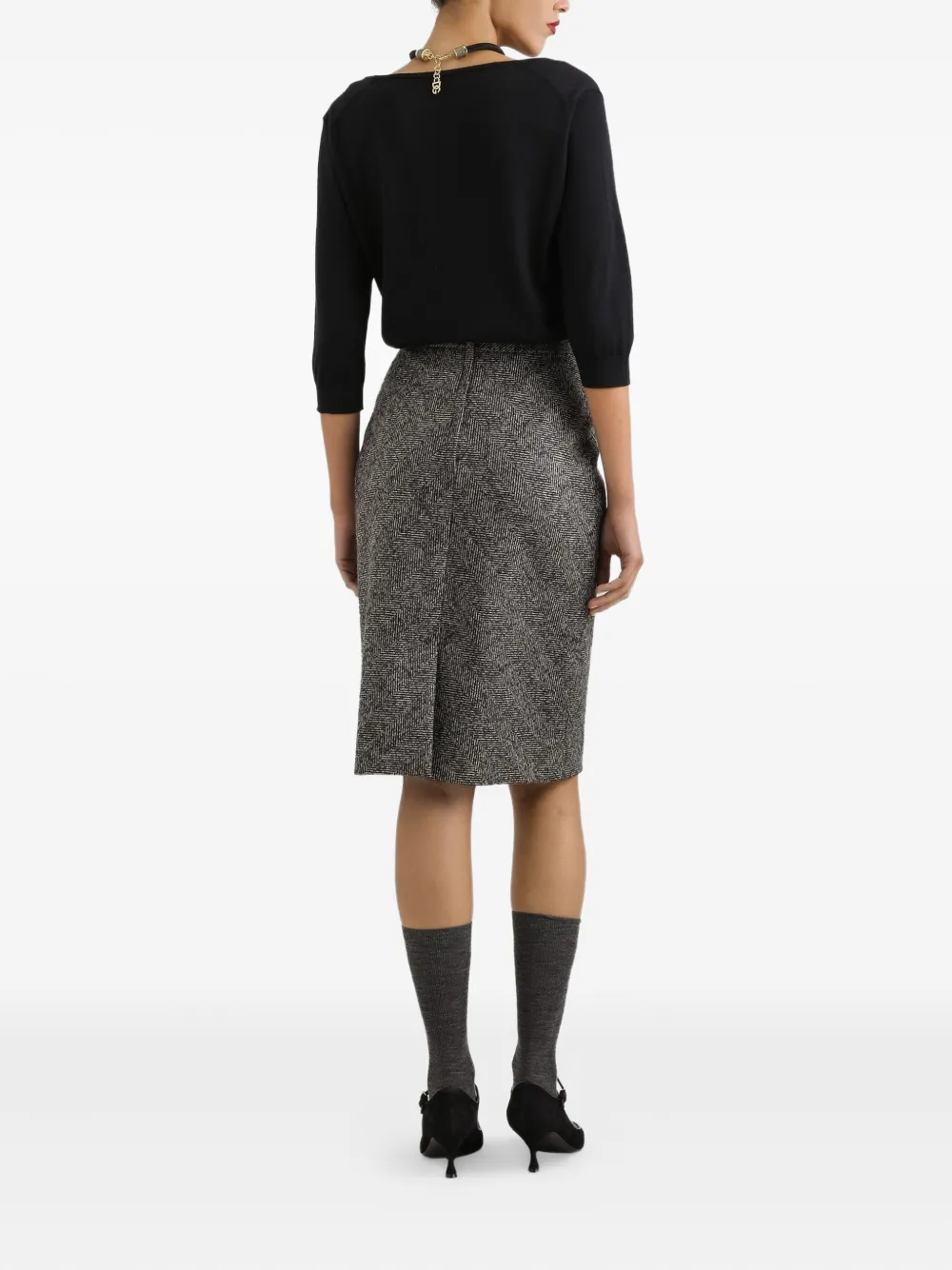 Dolce & Gabbana Herringbone Midi Pencil Skirt In Gray