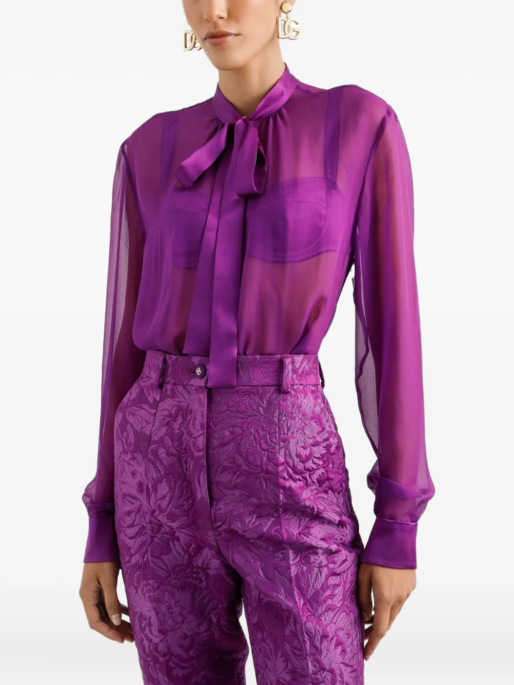 Dolce & Gabbana Satijnen blouse met gestrikte hals Paars
