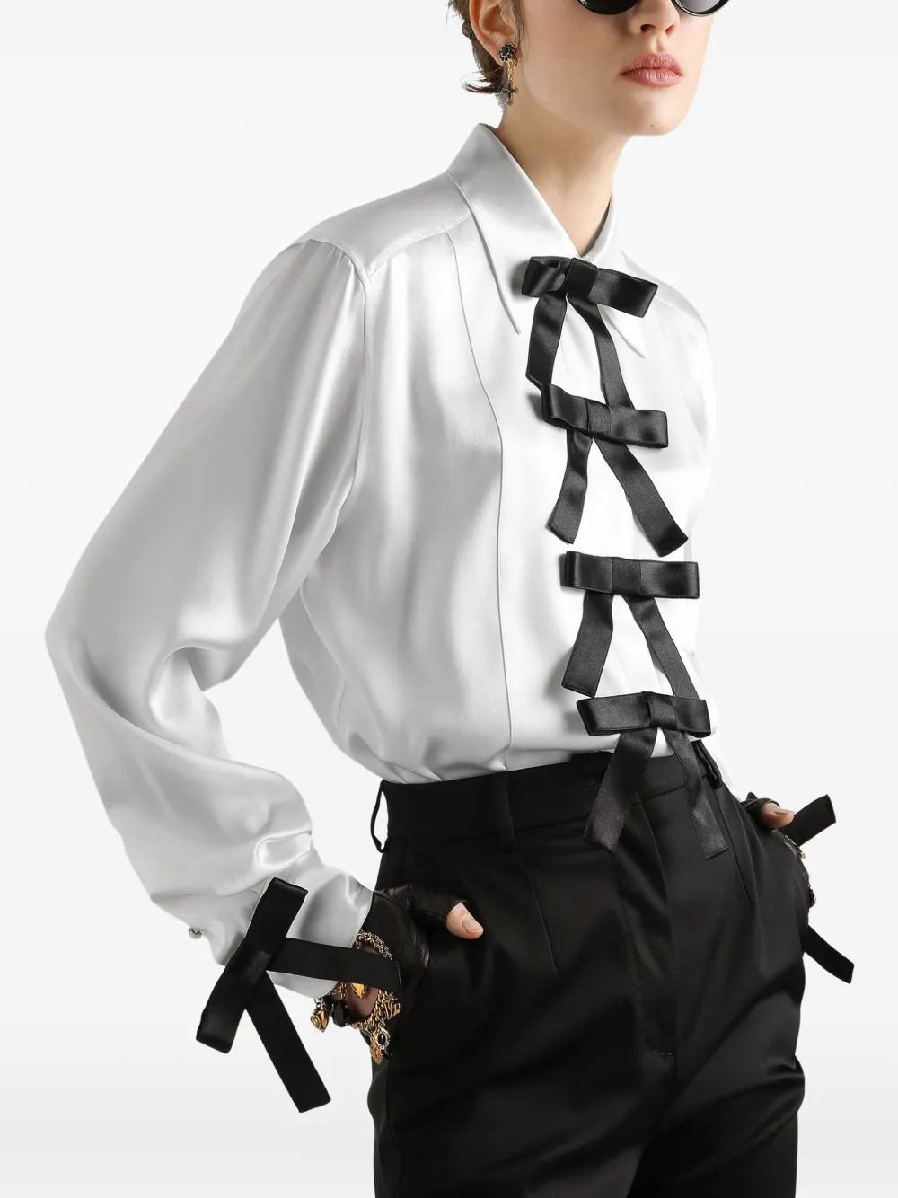 Dolce & Gabbana Silk Shirt With Bows And Long Sleeves In White