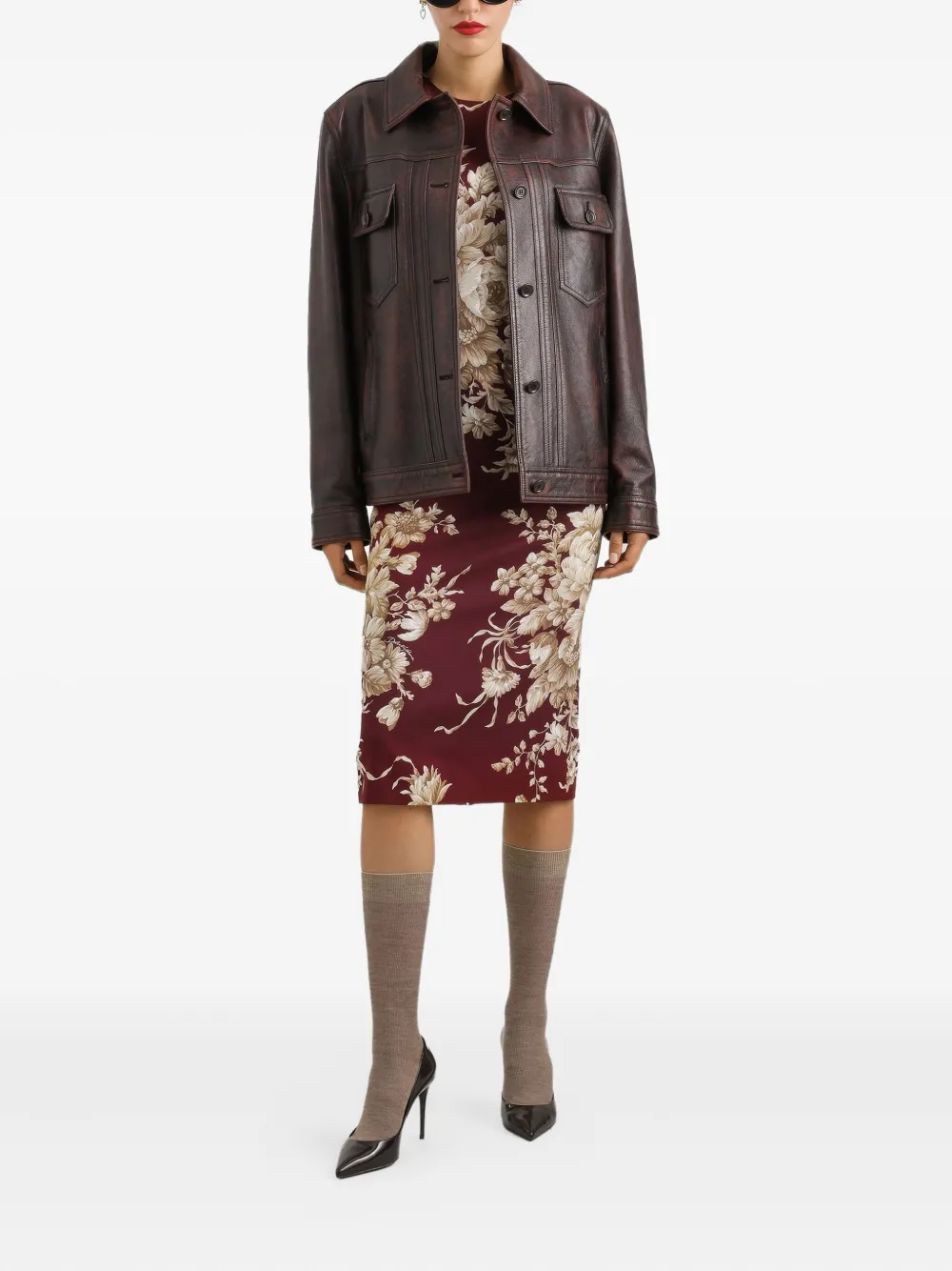 Dolce & Gabbana Midi-jurk met bloemenprint em lange mouwen - Rood