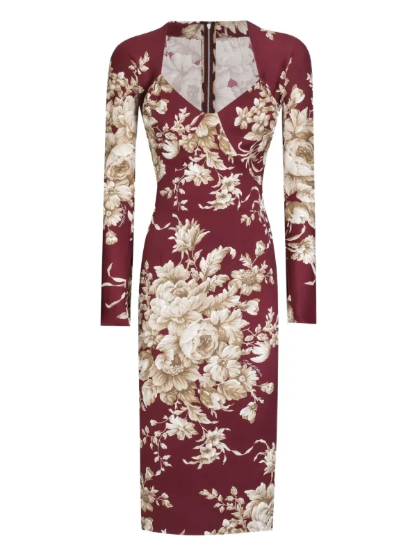 Dolce & Gabbana floral-print long-sleeve Midi Dress | Red | FARFETCH ID