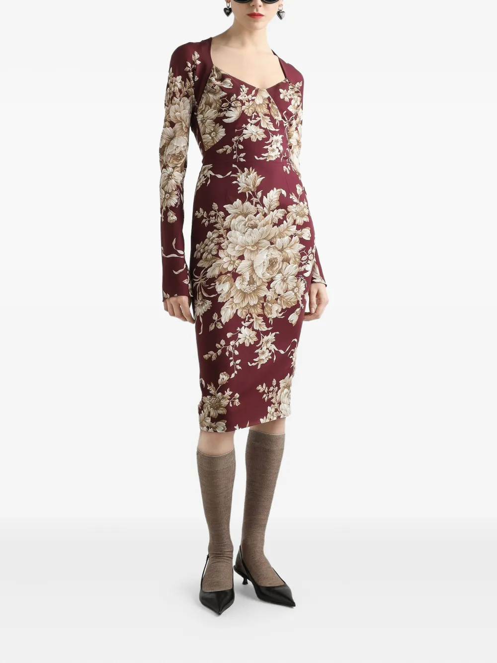 Dolce & Gabbana Midi-jurk met bloemenprint em lange mouwen Rood