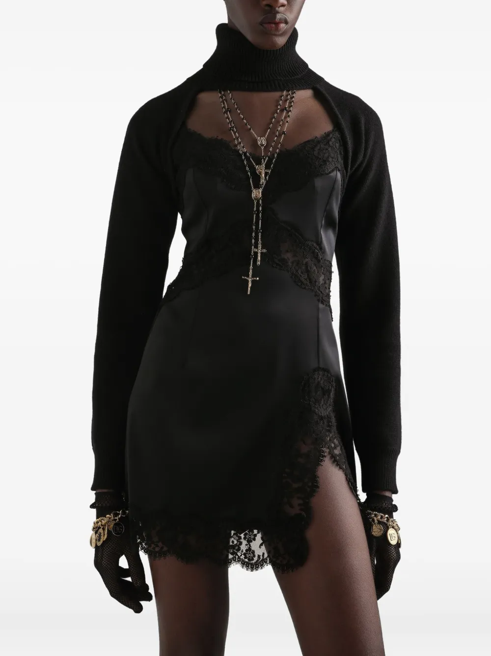 Dolce & Gabbana Lace-trimmed Satin Slip Mini Dress In Black