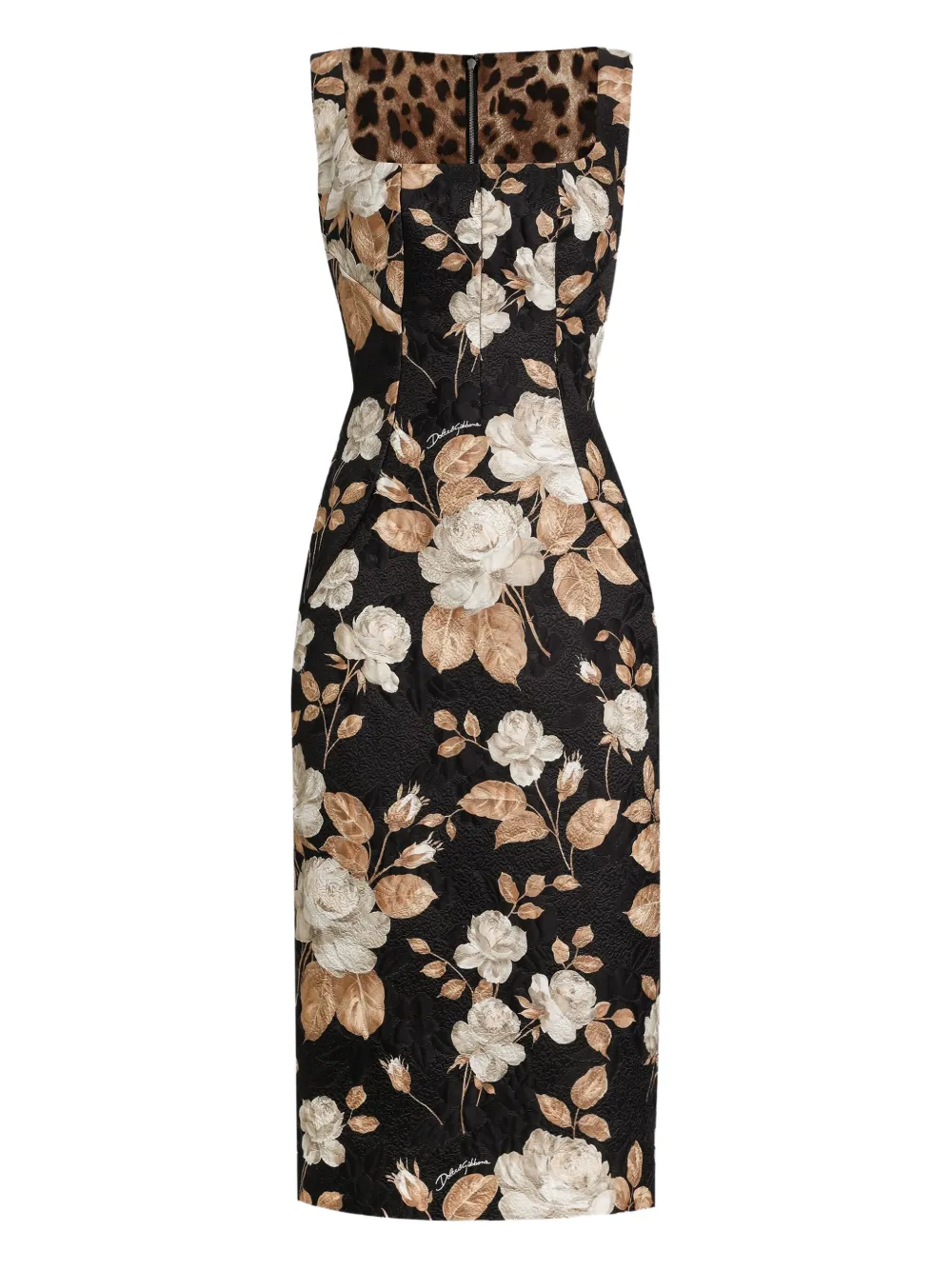 Dolce & Gabbana Midi-jurk met rozenprint en vierkante hals Zwart