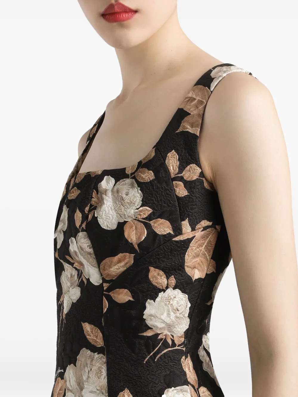 Dolce & Gabbana Midi-jurk met rozenprint en vierkante hals Zwart