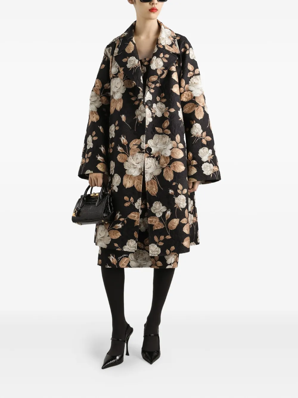 Dolce & Gabbana Midi-jurk met rozenprint en vierkante hals Zwart