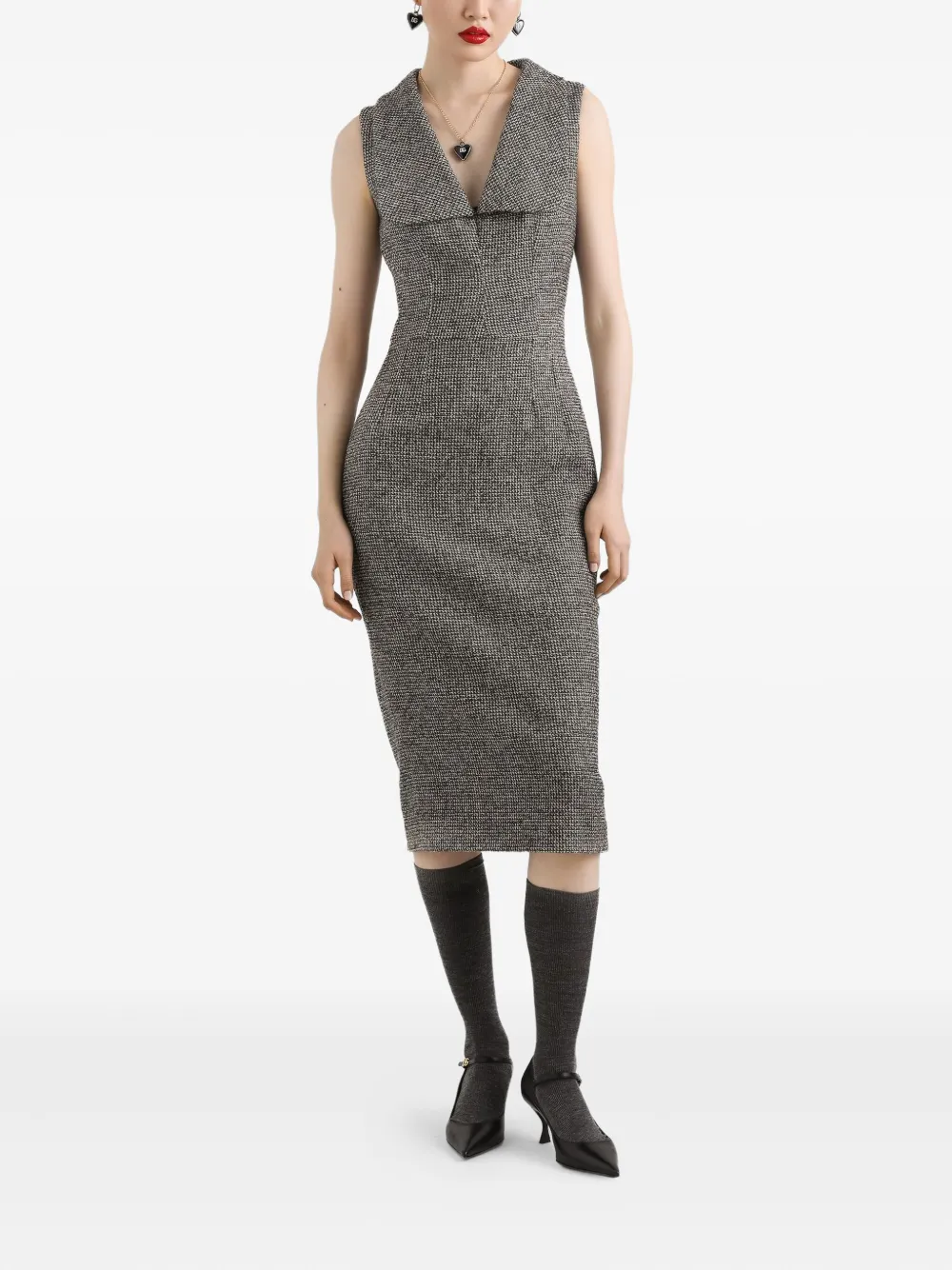 Dolce & Gabbana Mouwloze midi-jurk met pied-de-poule print - Zwart