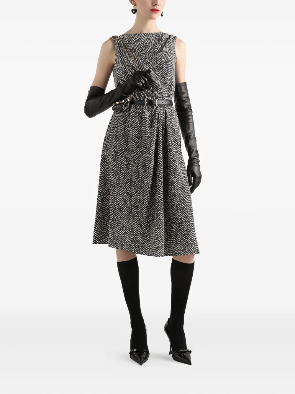 Dolce & Gabbana Mouwloze midi-jurk met visgraatpatroon - Zwart