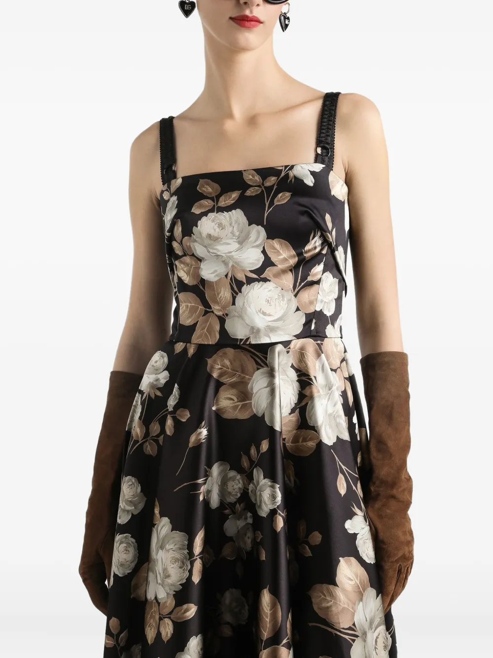 Dolce & Gabbana Vintage Rose Print Satin Dress In Black