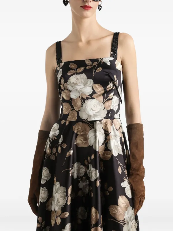 Dolce & Gabbana Rose-print Satin Midi Dress - Black