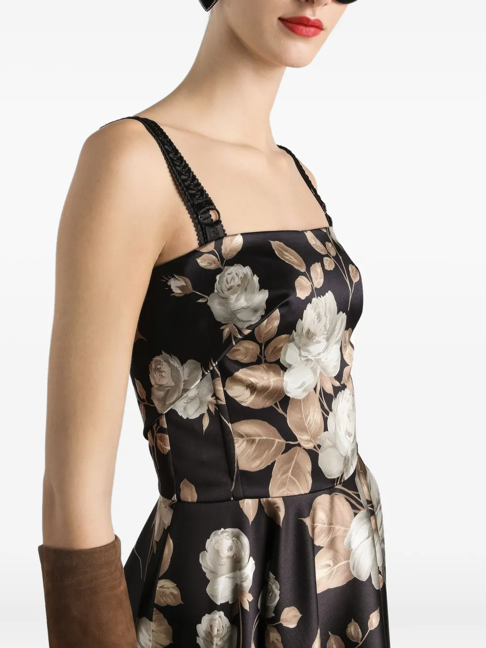 Dolce & Gabbana Vintage Rose Print Satin Dress In Black