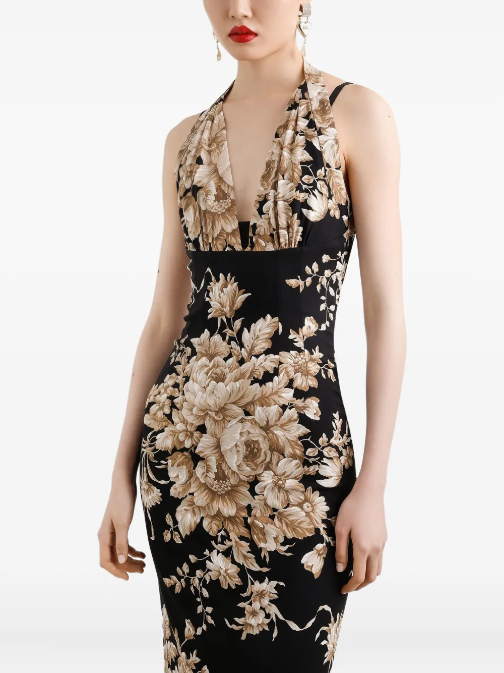 Dolce & Gabbana Floral Silk-charmeuse Midi Halter Dress In Black