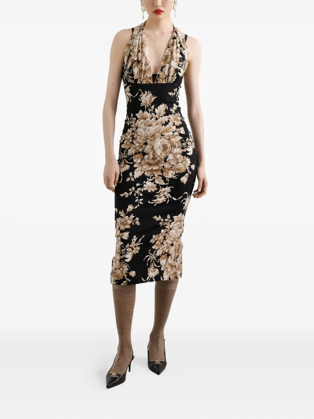 Dolce & Gabbana Midi-halterjurk met bloemenprint - Zwart