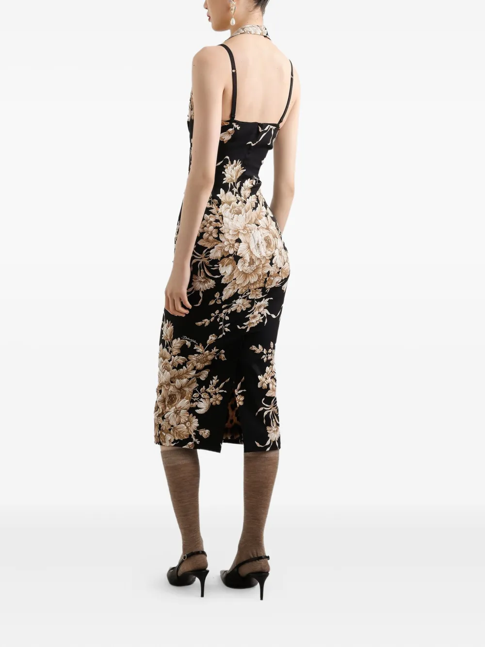Dolce & Gabbana Floral Silk-charmeuse Midi Halter Dress In Black