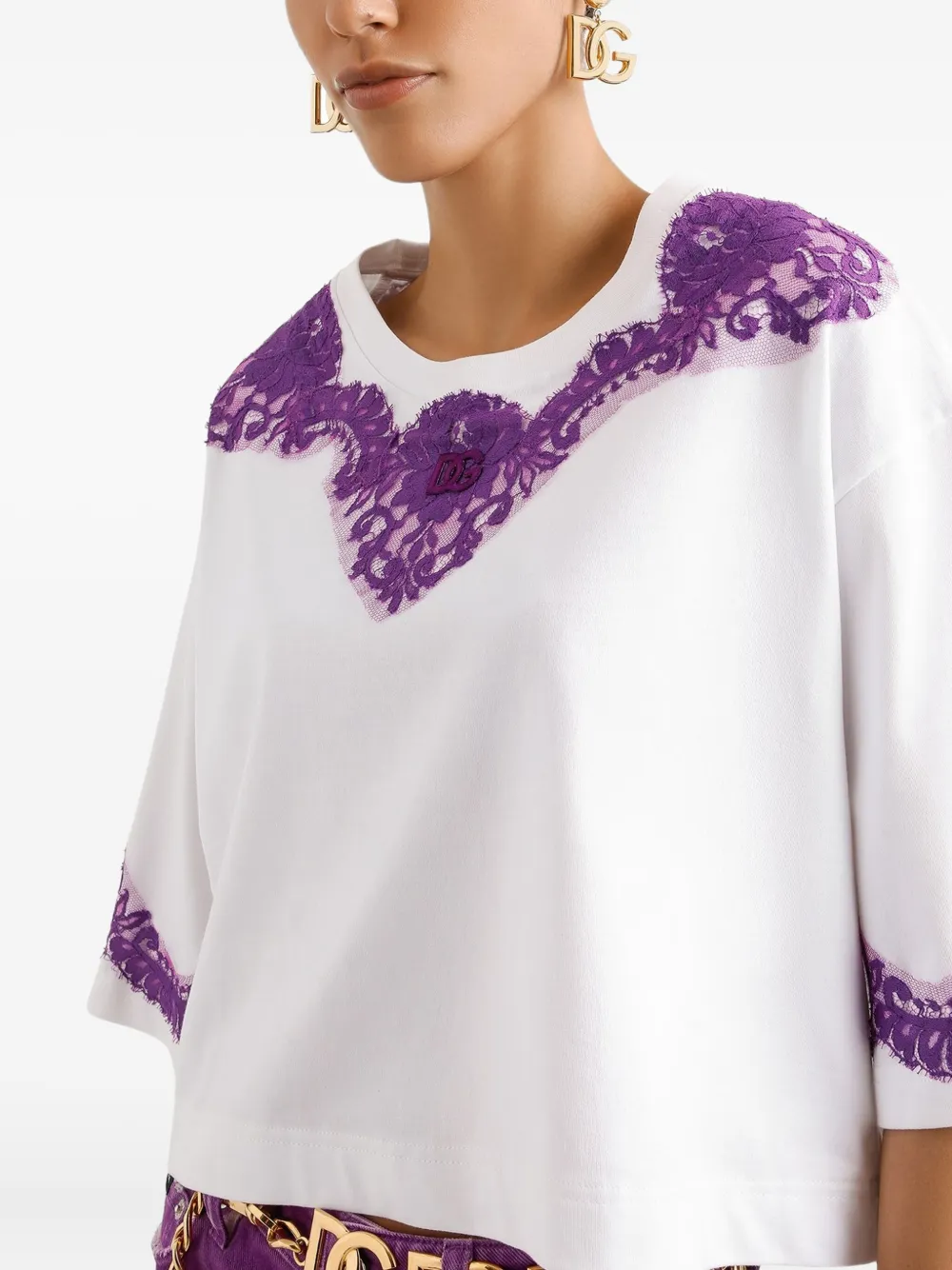 Dolce & Gabbana Jersey T-shirt With Lace And Dg Patch In White