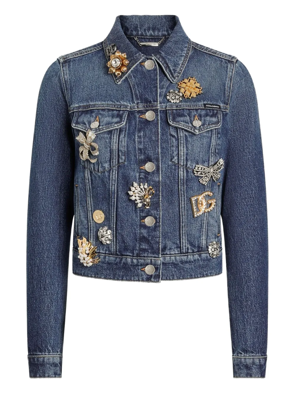 Dolce & Gabbana Brooch-embellished Denim Jacket In Blue