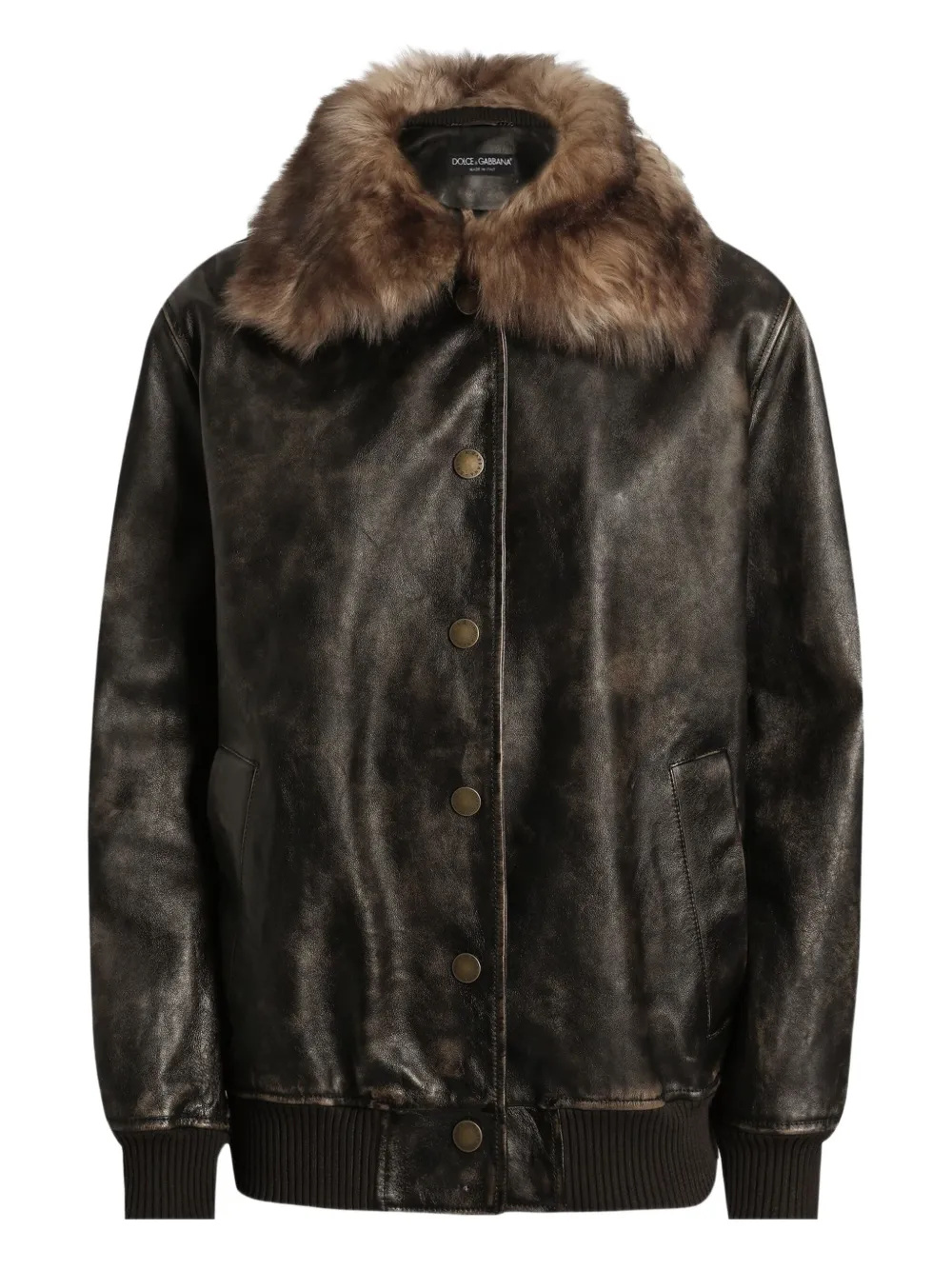 Dolce & Gabbana Leather Bomber Jacket In Brown