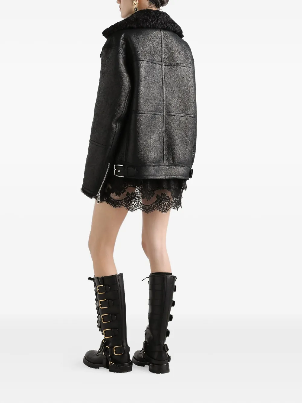 Dolce & Gabbana Leren jack met lammy kraag Zwart