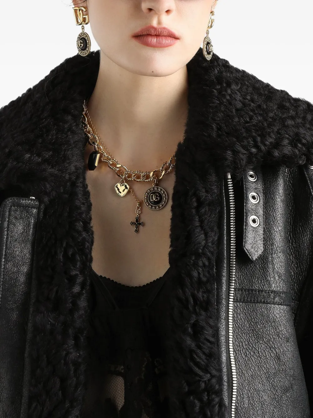 Dolce & Gabbana Leren jack met lammy kraag Zwart