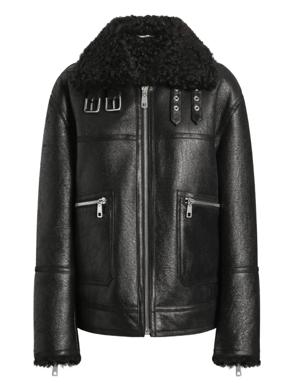 Dolce & Gabbana Shearling-collar Leather Jacket In Black
