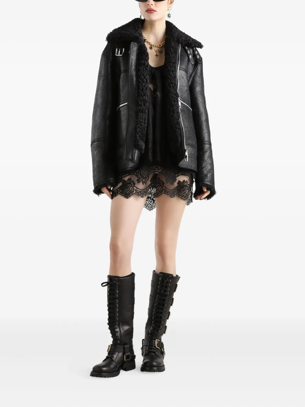 Dolce & Gabbana Leren jack met lammy kraag Zwart