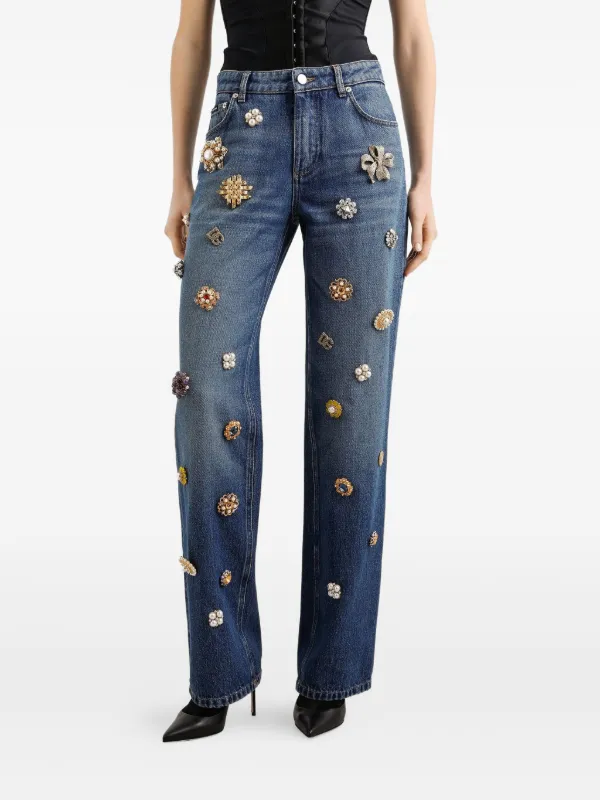 Dolce & Gabbana Embroidered Embellished Straight Jeans | Blue