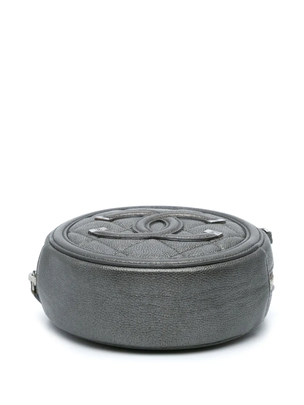 Pre-owned Chanel 2018-2019 Metallic Caviar Cc Filigree Round Clutch With Chain Crossbody Bag In Black