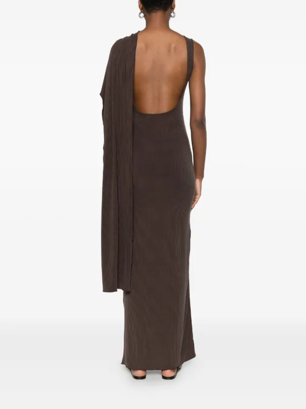 open lace back dress Mocha Ruched Mesh One Shoulder Maxi Dress main image 1